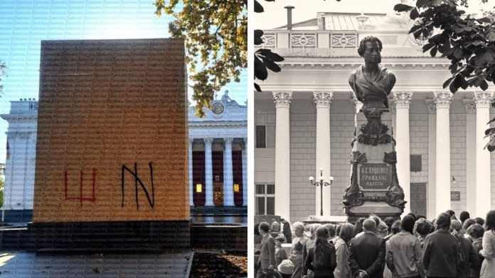 Il monumento a Pushkin davanti al municipio di Odessa nel 1974 (a destra) e, a sinistra, simboli fascisti su pannelli di truciolato con cui è stato coperto il monumento al poeta russo Alexander Pushkin (31 ottobre 2025). Fonte: Sputnik